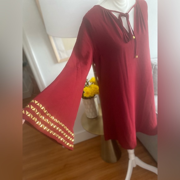 Michael Kors Red Golden Boho Studs Holiday Flowy Tunic Mini Dress size M - Picture 8 of 16